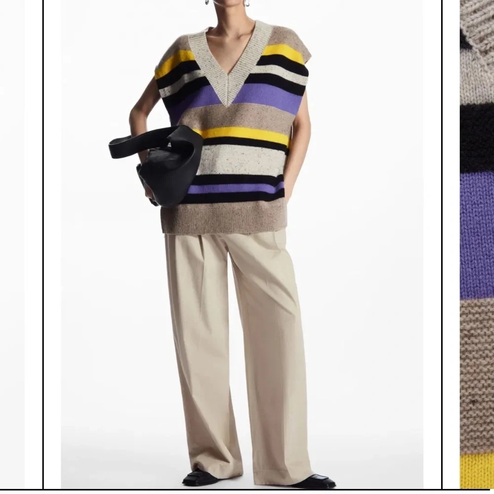 COS Multicolor Pure Wool Striped Vest with V Neck and Ribbed Trim. Small $100